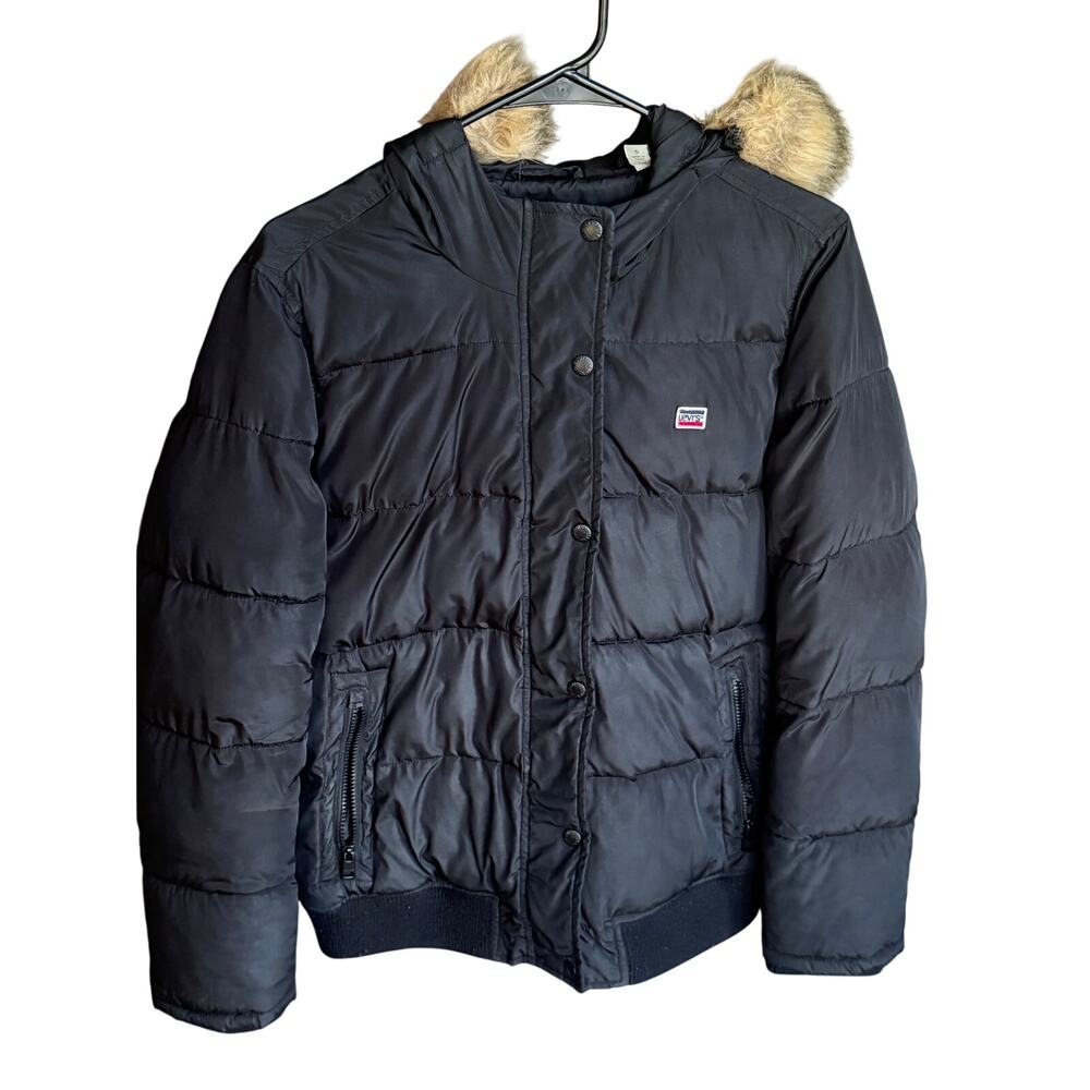 Levi’s Black Puffer Winter Jacket Faux Fur Hood Women’s Size S Coat